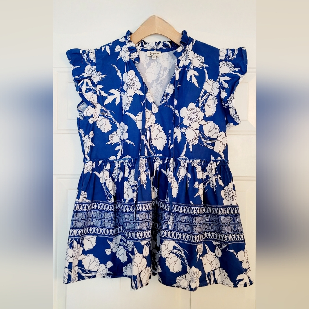 Silver Moon Blue & White Floral Blouse US Size 6 /UK 10